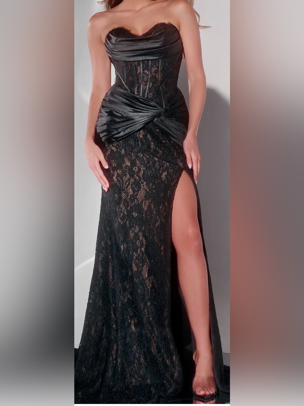 Jovani 43859 Black Lace Corset Ruched Satin High Slit Gown Size 6